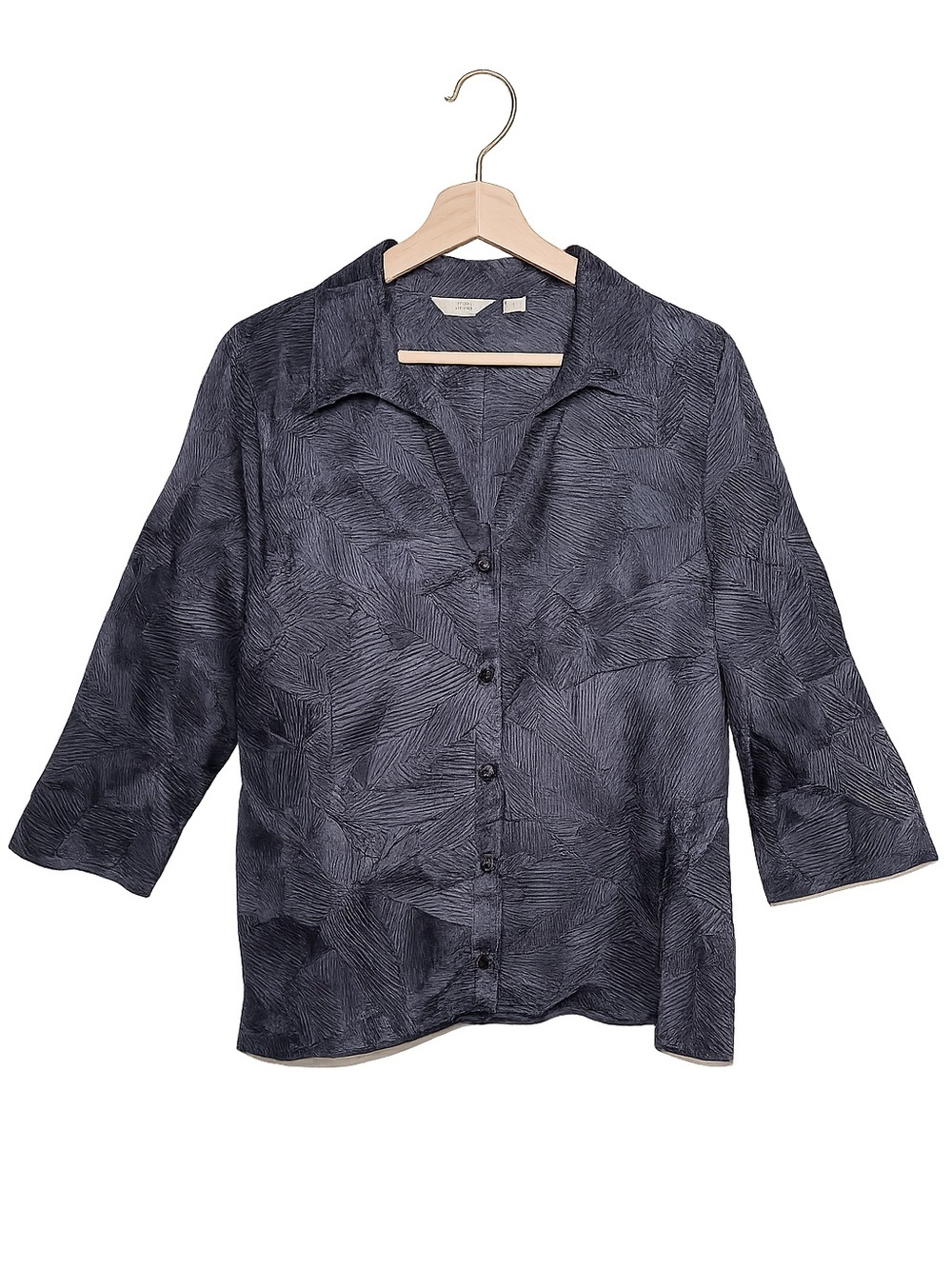 Erin London Black Textured Button Front Blouse | 3/4 Sleeve Career Casual Top - Picture 2 of 13